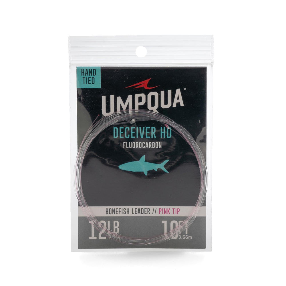 Umpqua Bonefish hand tied fluorocarbon leader for 10 lb, 10 ft pink tip improves stealth on flats.