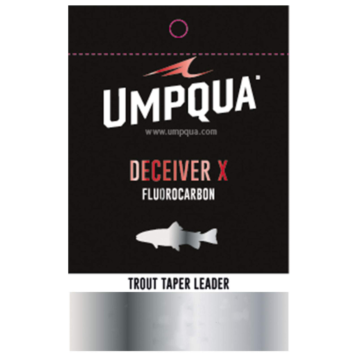 Umpqua Deceiver X fluorocarbon leader close-up, ultra low visibility for stealthy trout presentations.
