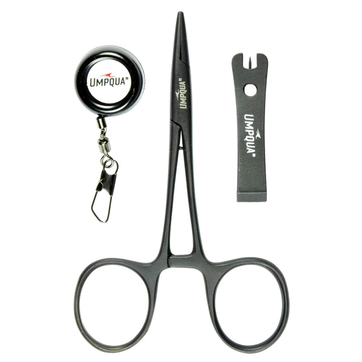 Umpqua Dream Stream Fly Fishing Tools Combo Pack Black with clip-on retractor, nipper, and 5-inch clamp/hemostat