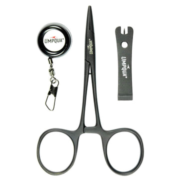 Umpqua Dream Stream Fly Fishing Tools Combo Pack Black with clip-on retractor, nipper, and 5-inch clamp/hemostat