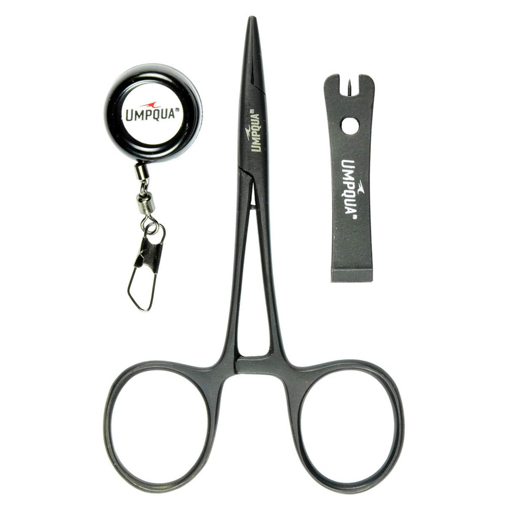 Umpqua Dream Stream Fly Fishing Tools Combo Pack Black with clip-on retractor, nipper, and 5-inch clamp/hemostat
