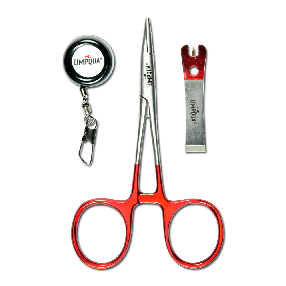 Umpqua Dream Stream Fly Fishing Tools Combo Pack Red with clip-on retractor, nipper, and 5-inch clamp/hemostat