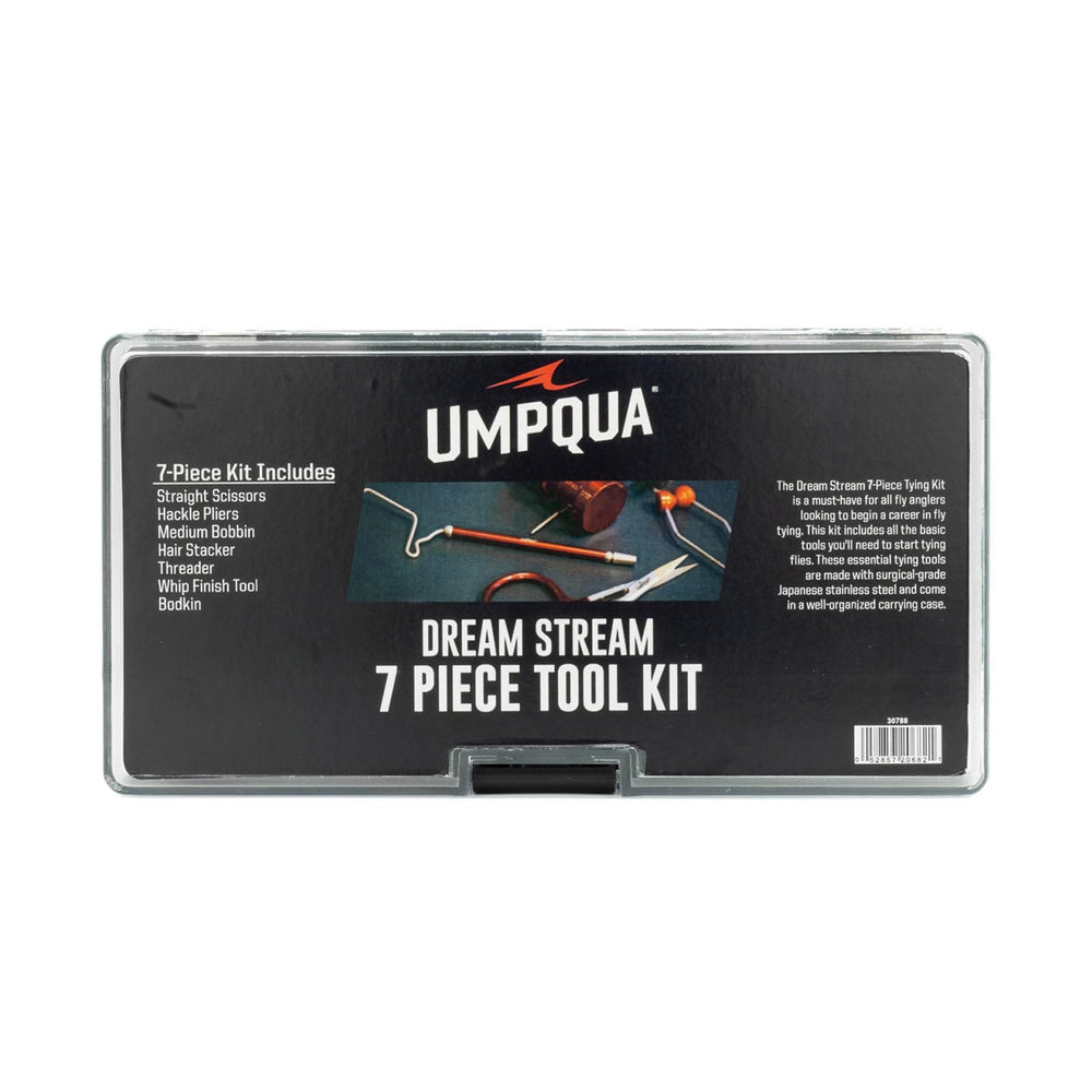 Umpqua Dreamstream 7pc tie set red in-use shows organized gear for on-river fly-tying sessions