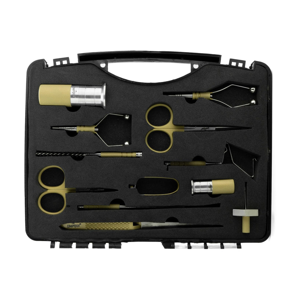 Umpqua Dreamstream+ Master Tool Kit 12 PC Tan contents layout, organized for easy access