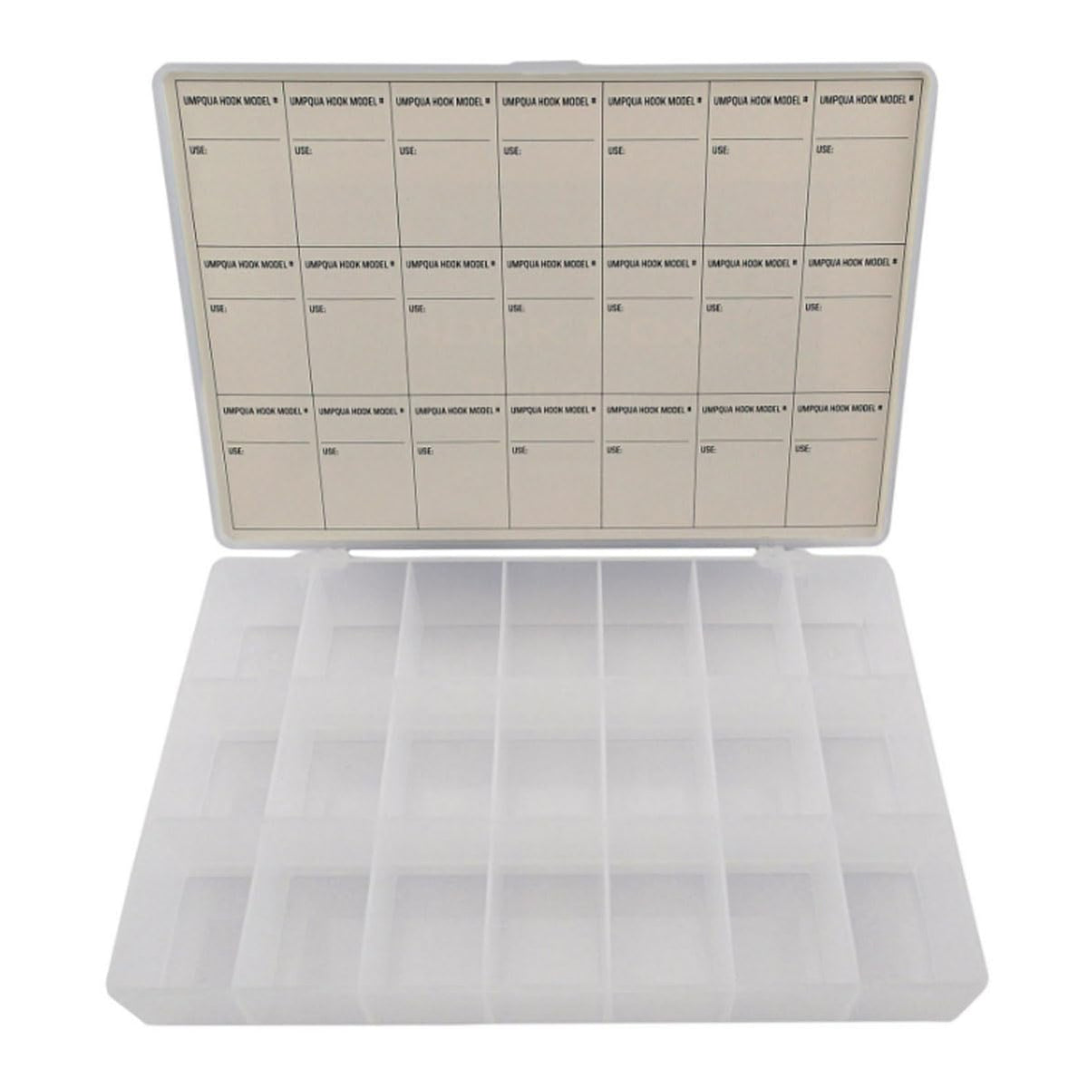 Umpqua Hook Box 30697 front view with 21 compartments for easy fly organization.