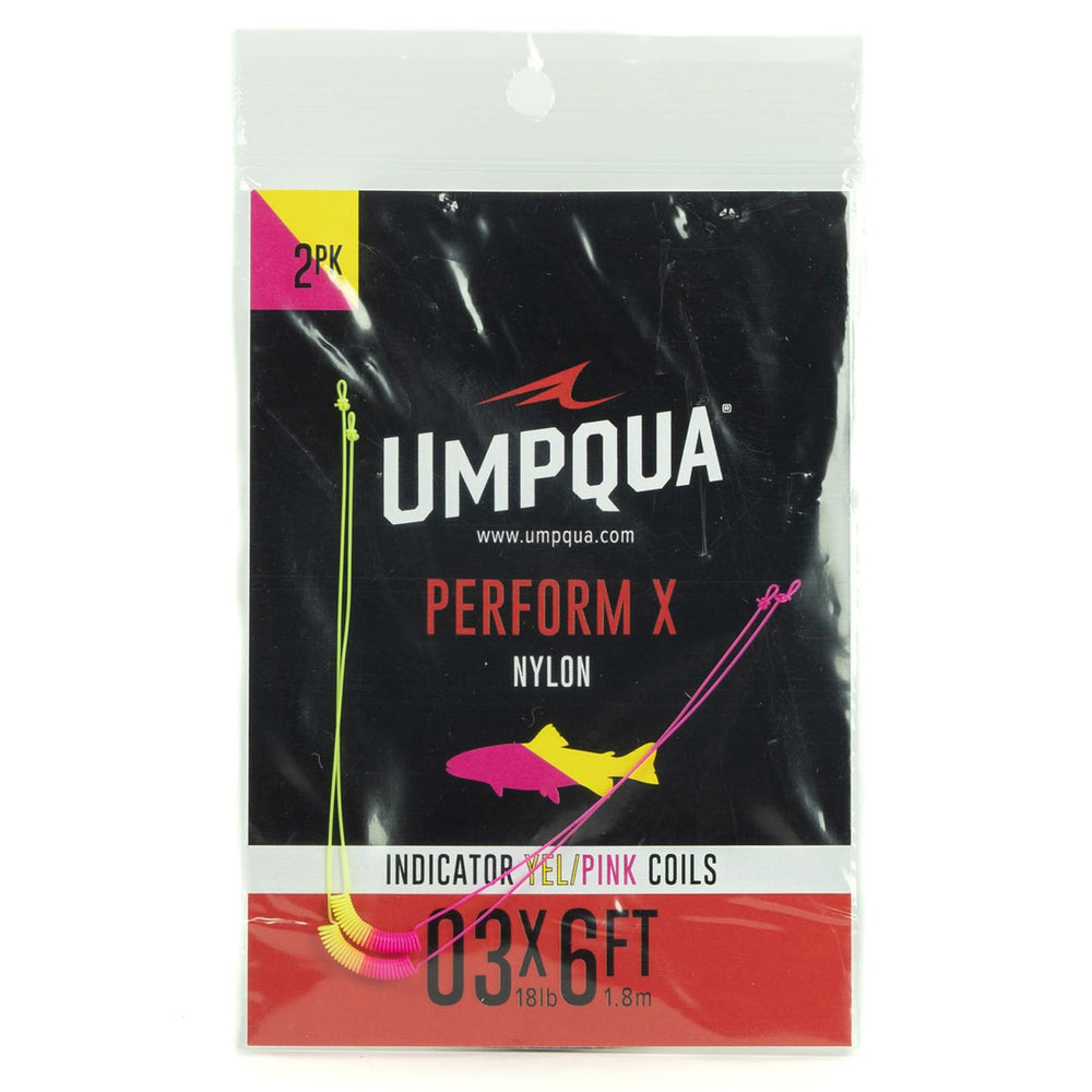 Umpqua Indicator Coil 6ft 03X in yellow and pink for clear strike visibility.