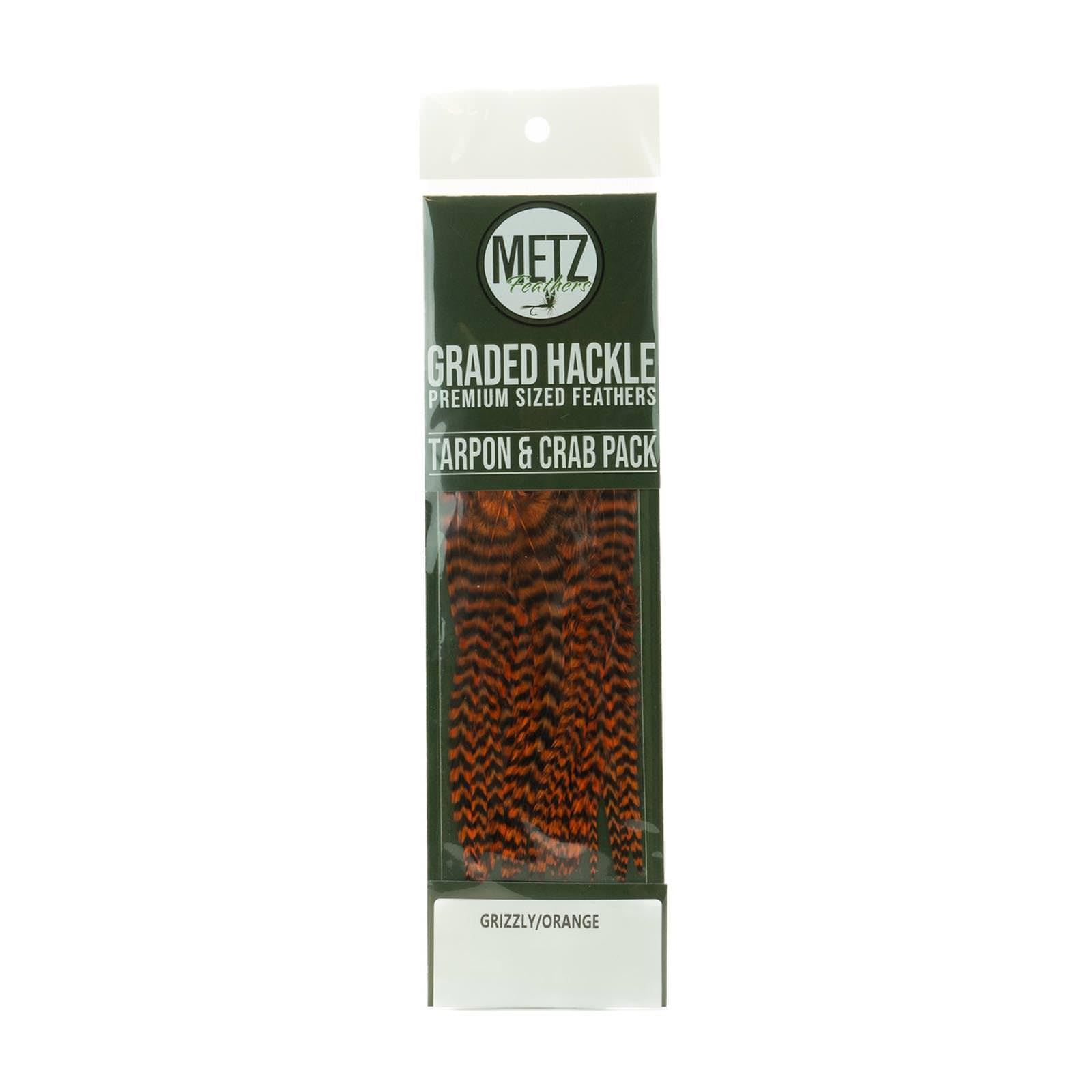 Umpqua Metz tarpon/crab hackle pack in grizzly orange for consistent tails and bushy collars.
