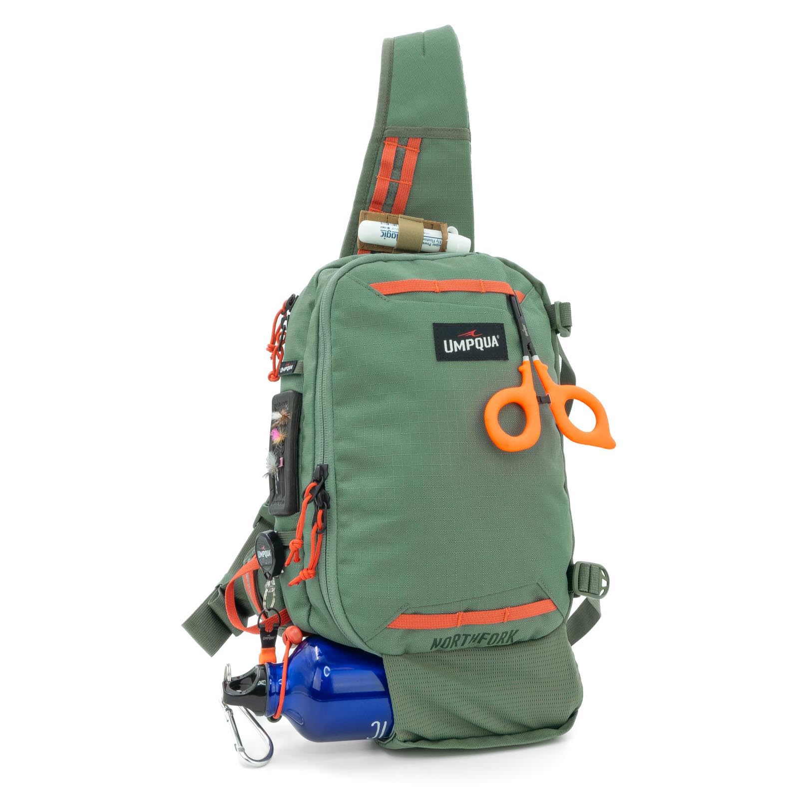 Umpqua Northfork Sling Pack Pine interior layout for leaders, tippet, and indicators.