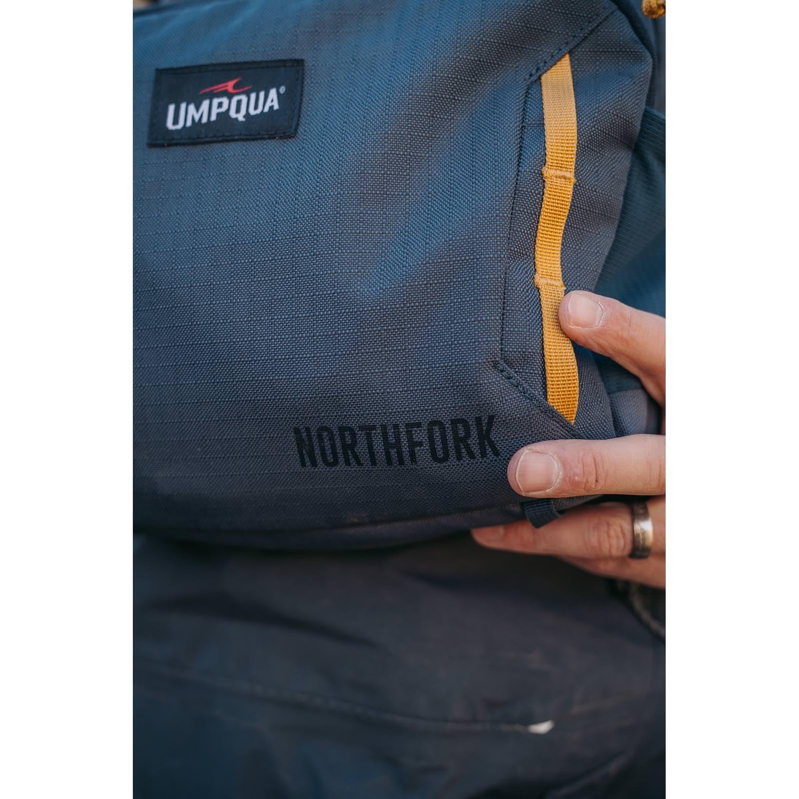 Umpqua Northfork Chest Pack Cobalt worn on the chest for deep wading