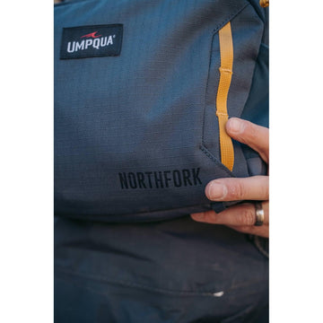 Umpqua Northfork Chest Pack Cobalt worn on the chest for deep wading