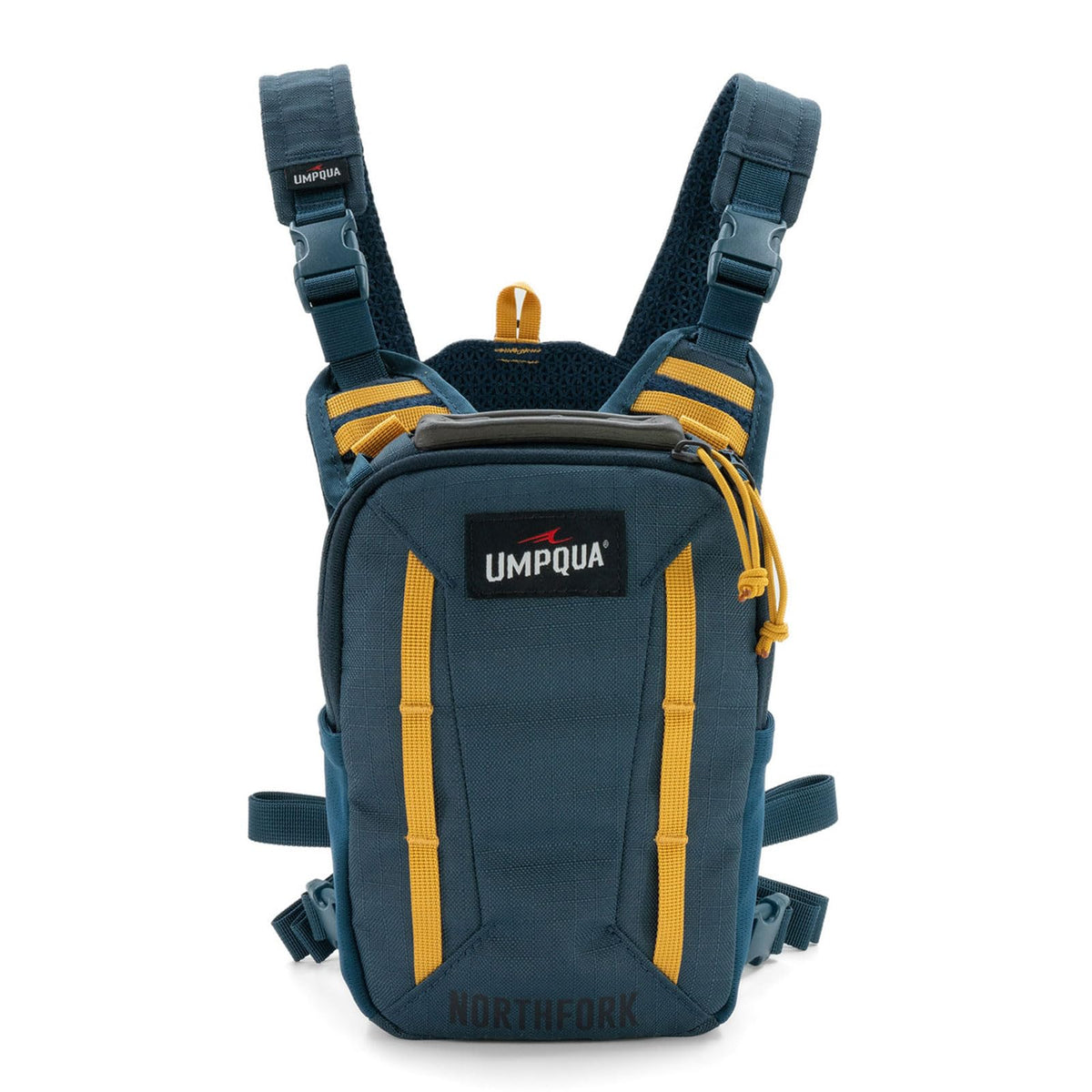 Umpqua Northfork Chest Pack Cobalt front view with drop-down workstation for on-river rigging