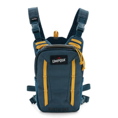 Umpqua Northfork Chest Pack Cobalt front view with drop-down workstation for on-river rigging