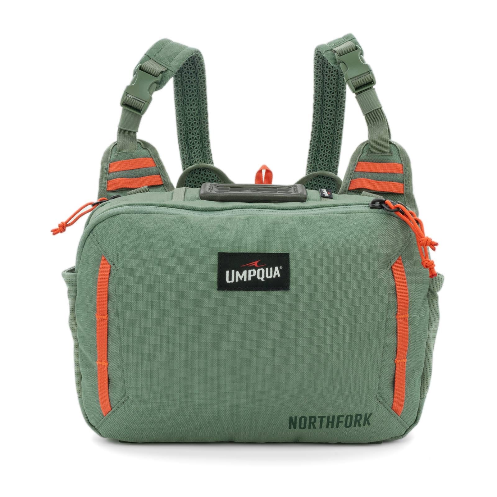 Umpqua Northfork Chest Pack Pine main compartment holds four fly boxes for organized access.