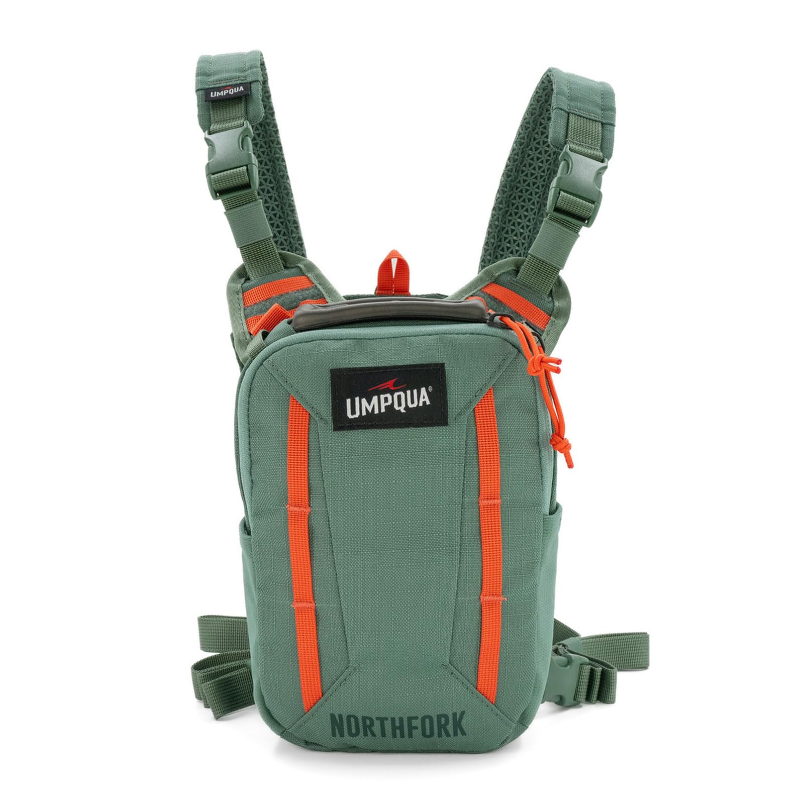 Umpqua Northfork Chest Pack Pine with drop-down workstation for quick on-river rigging