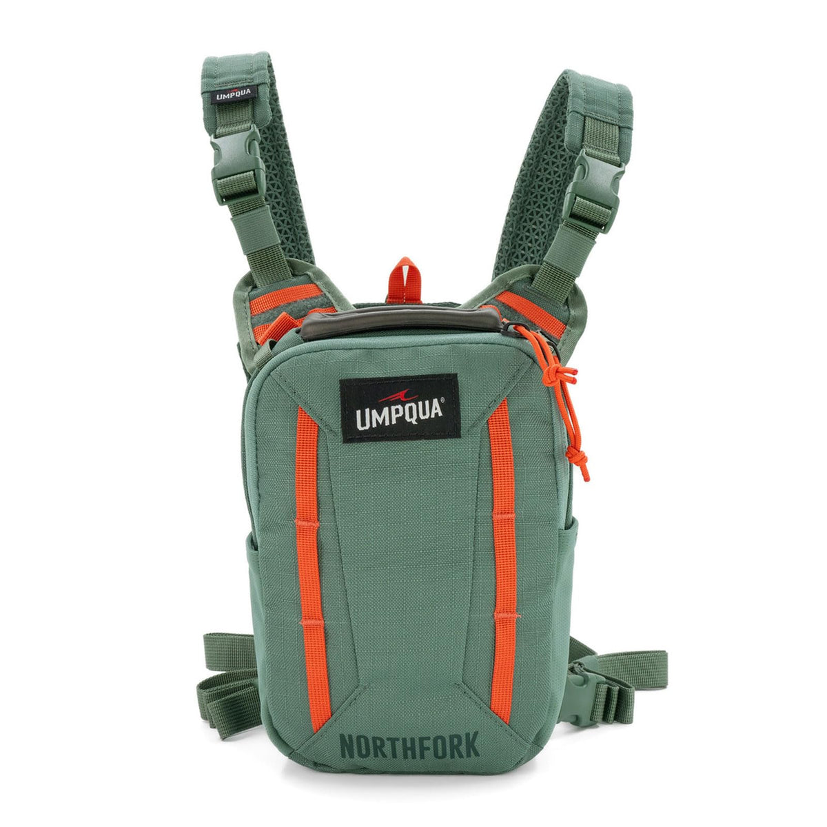 Umpqua Northfork Chest Pack Pine with drop-down workstation for quick on-river rigging
