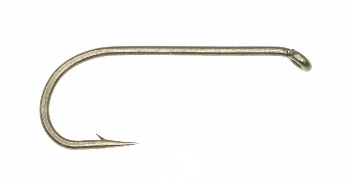 Umpqua U001 dry fly hook close-up with down eye and 1X long shank for reliable dry fly tying.