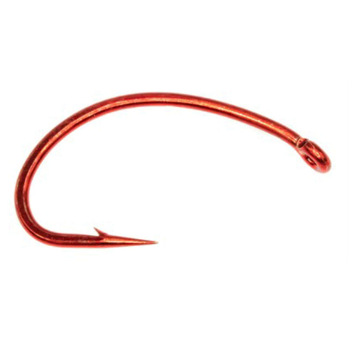 Umpqua U202RED fly tying hook, curved red design ideal for scuds and pupa patterns.