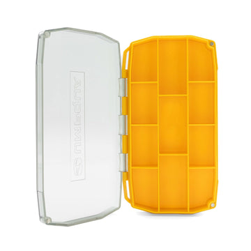 Umpqua UPG Compartment Box Mini with gold lid keeps flies organized for quick selection.