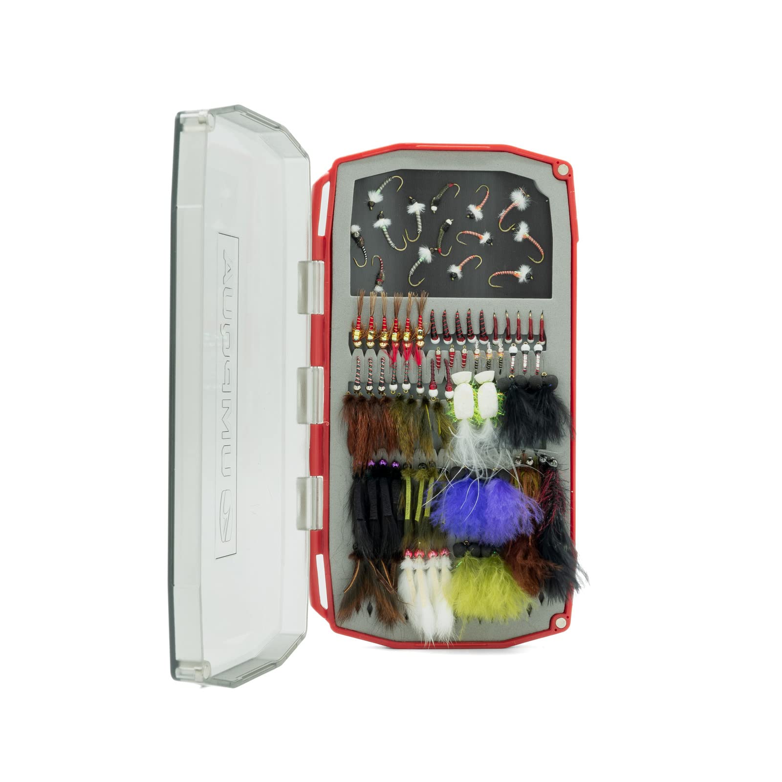 Side view of Daytripper Fly Box Large Red with power grip foam and secure latch