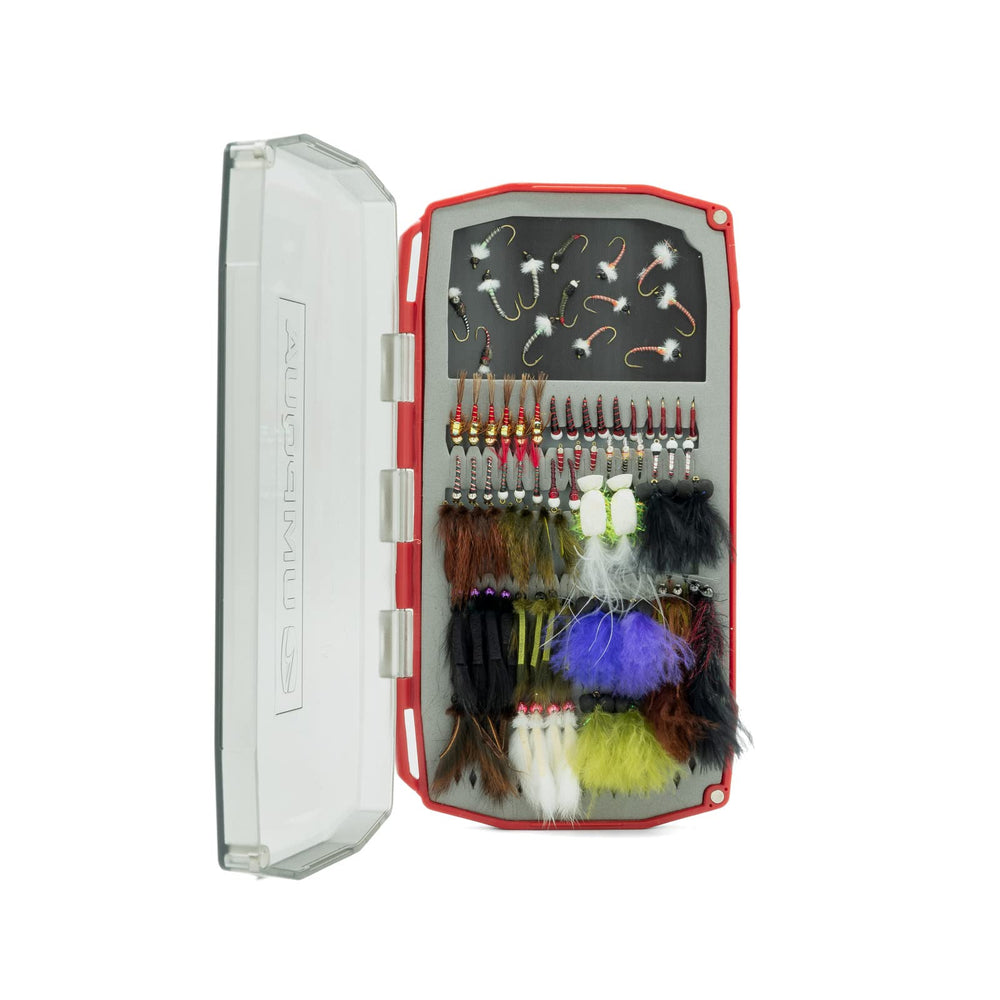 Side view of Daytripper Fly Box Large Red with power grip foam and secure latch