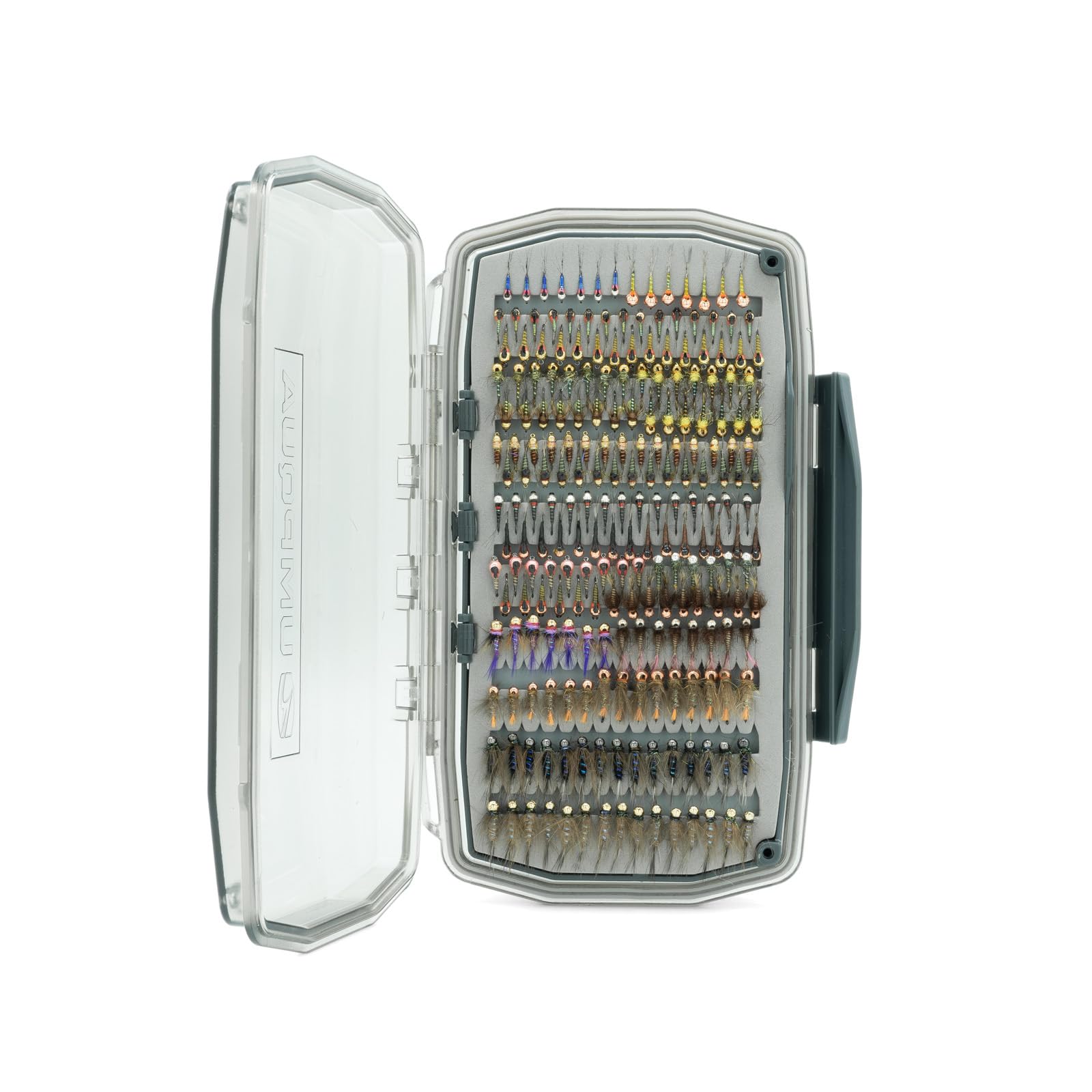 Deep gutters protect fully hackled flies in Umpqua fly box