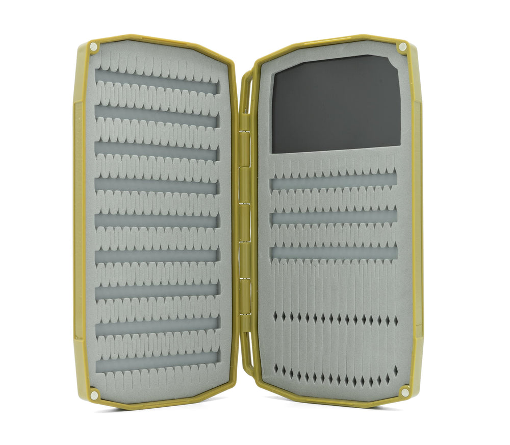 Open Umpqua UPG Foam Weekender Olive Fly Box showing foam inserts