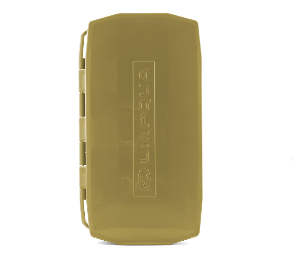 Lightweight olive shell with secure latch on Umpqua UPG Foam Weekender Fly Box