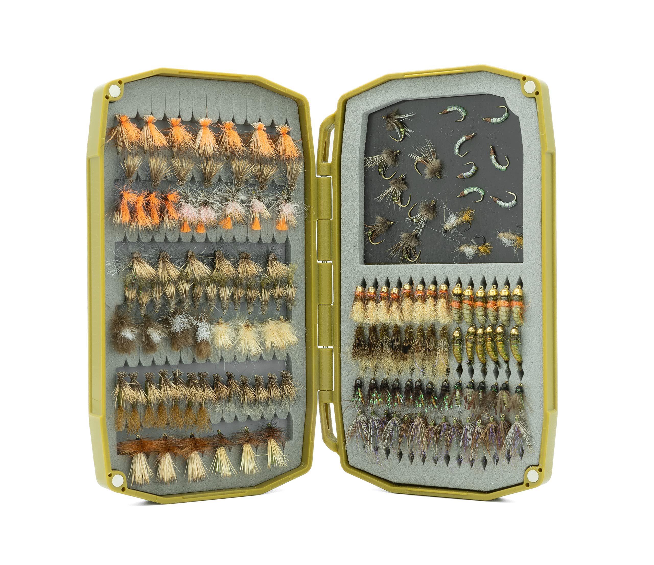 Umpqua UPG Foam Weekender Olive fly trap view emphasizes offset head-to-tail storage