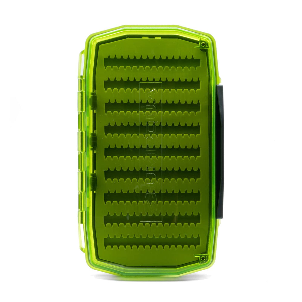 Umpqua UPG Sili Waterproof Essential Fly Box Large Hot Green - front view with see-through lid