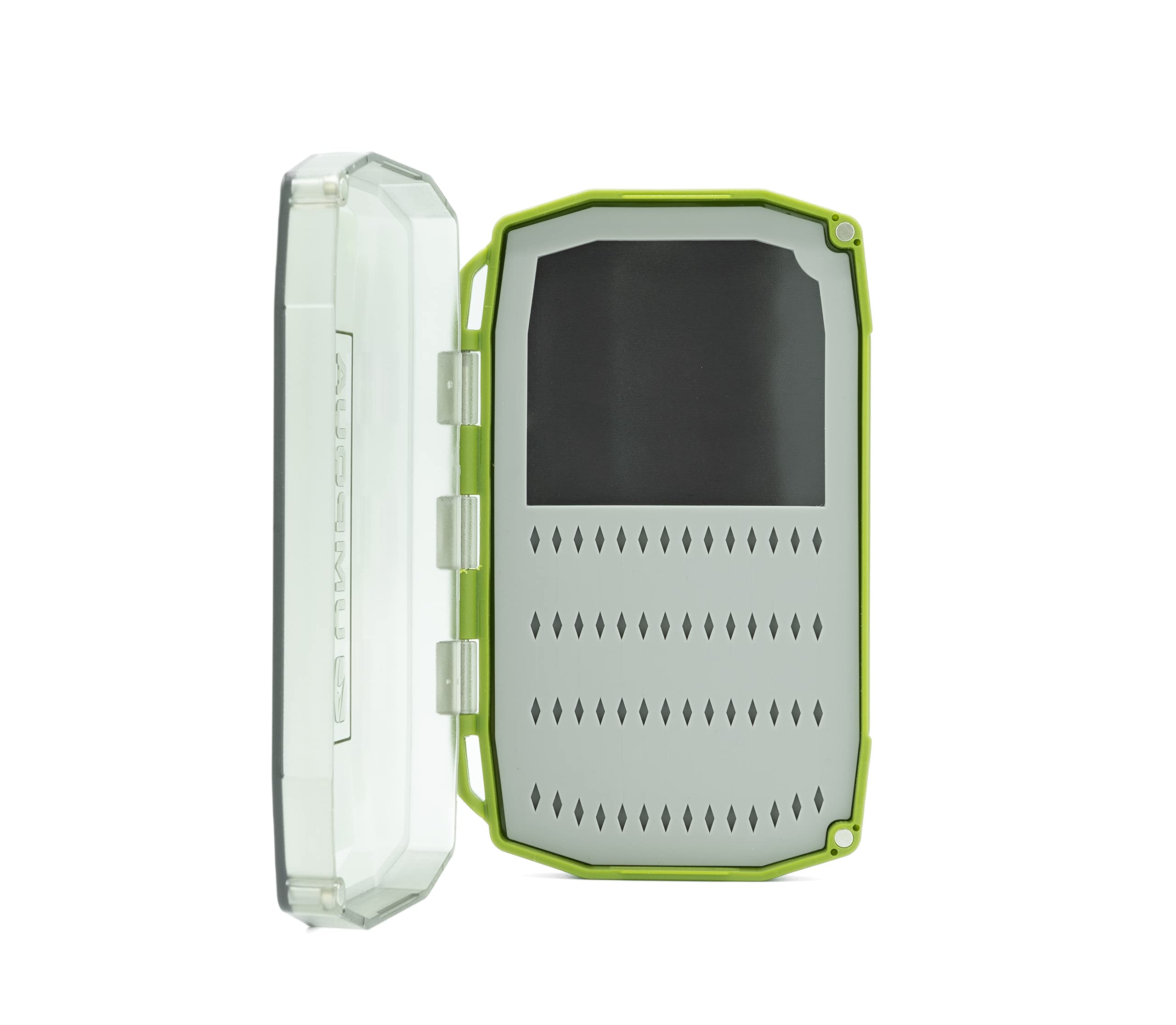 Umpqua UPG Daytripper Lime fly box open lid showing easy access to flies.