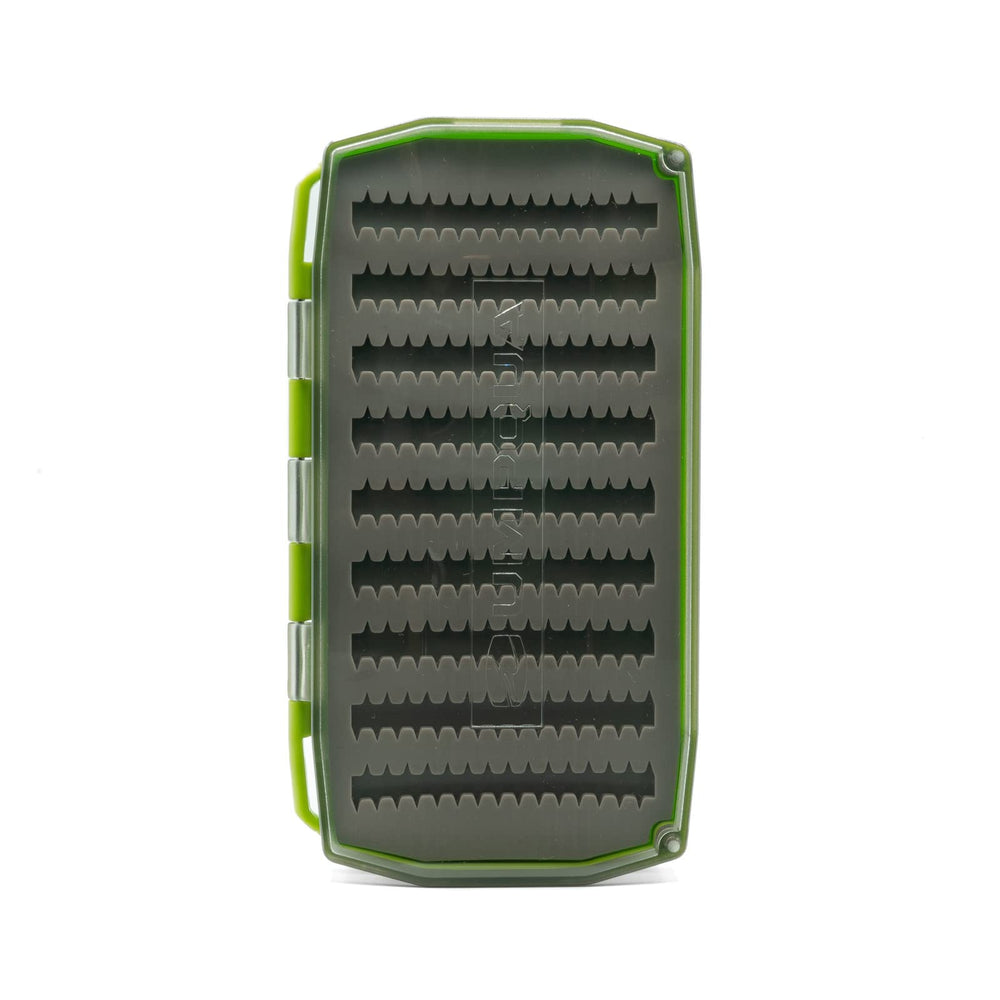 UMPQUA UPG Silicone Essential Fly Box front view highlighting slim, lightweight design for on-water use.