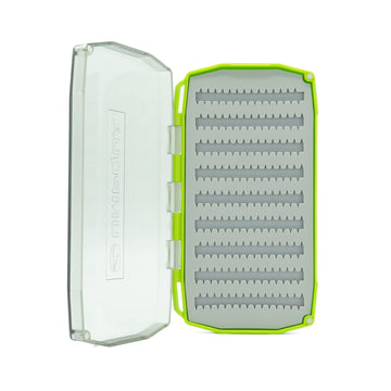 UMPQUA UPG Silicone Essential Fly Box open-latch demonstrates magnetic quick access on the water.