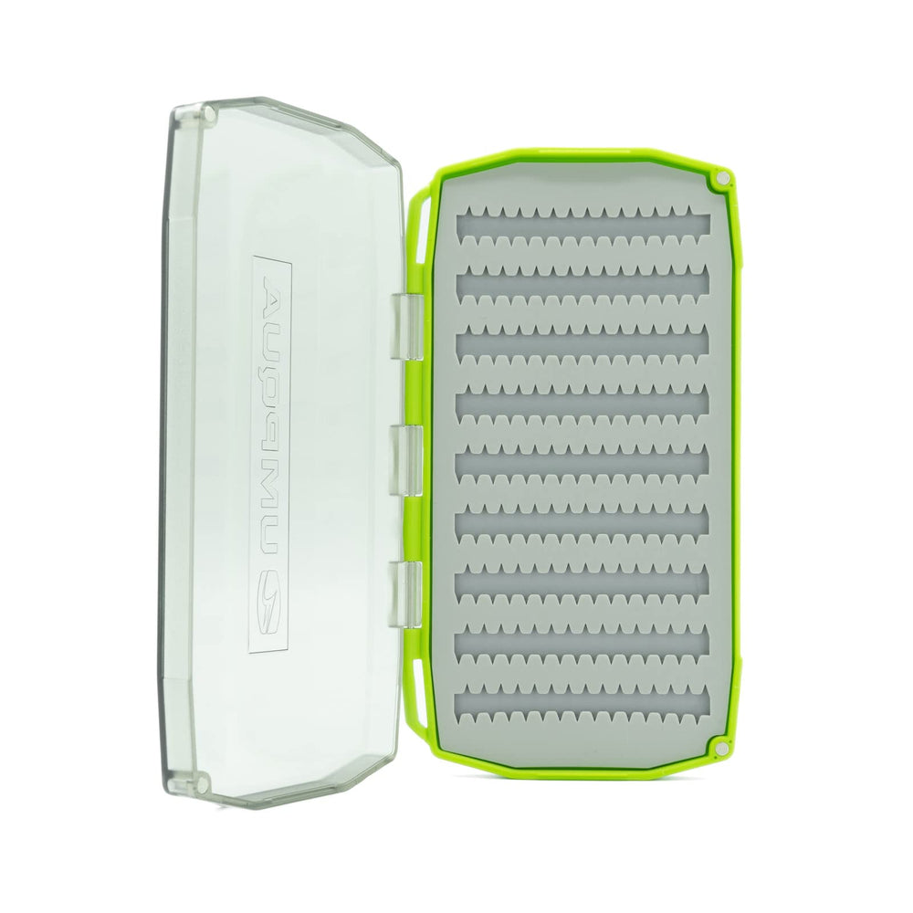 UMPQUA UPG Silicone Essential Fly Box open-latch demonstrates magnetic quick access on the water.
