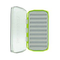 UMPQUA UPG Silicone Essential Fly Box open-latch demonstrates magnetic quick access on the water.