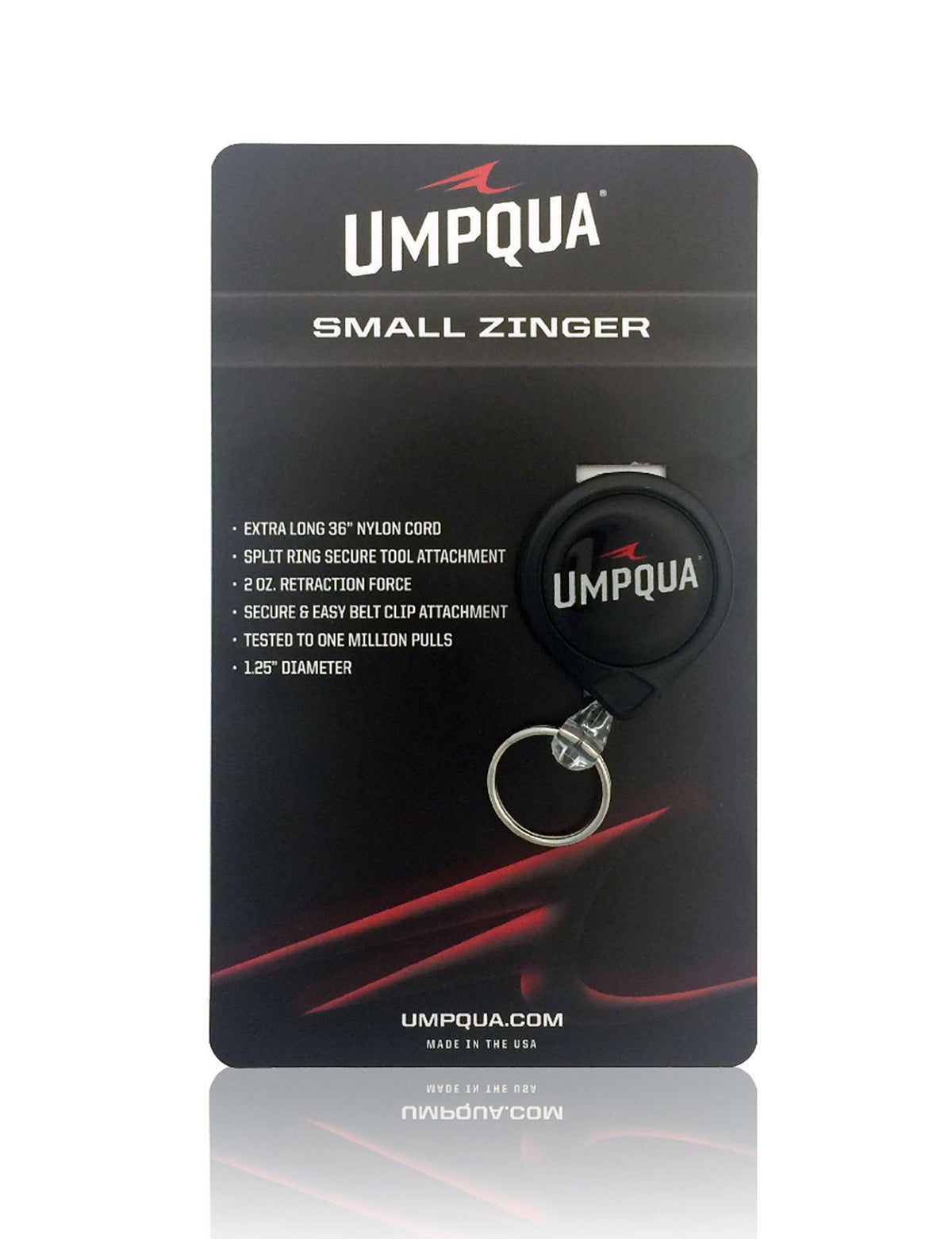 Umpqua Zinger/Retractor Small clipped to vest with secure belt clip for quick tool access