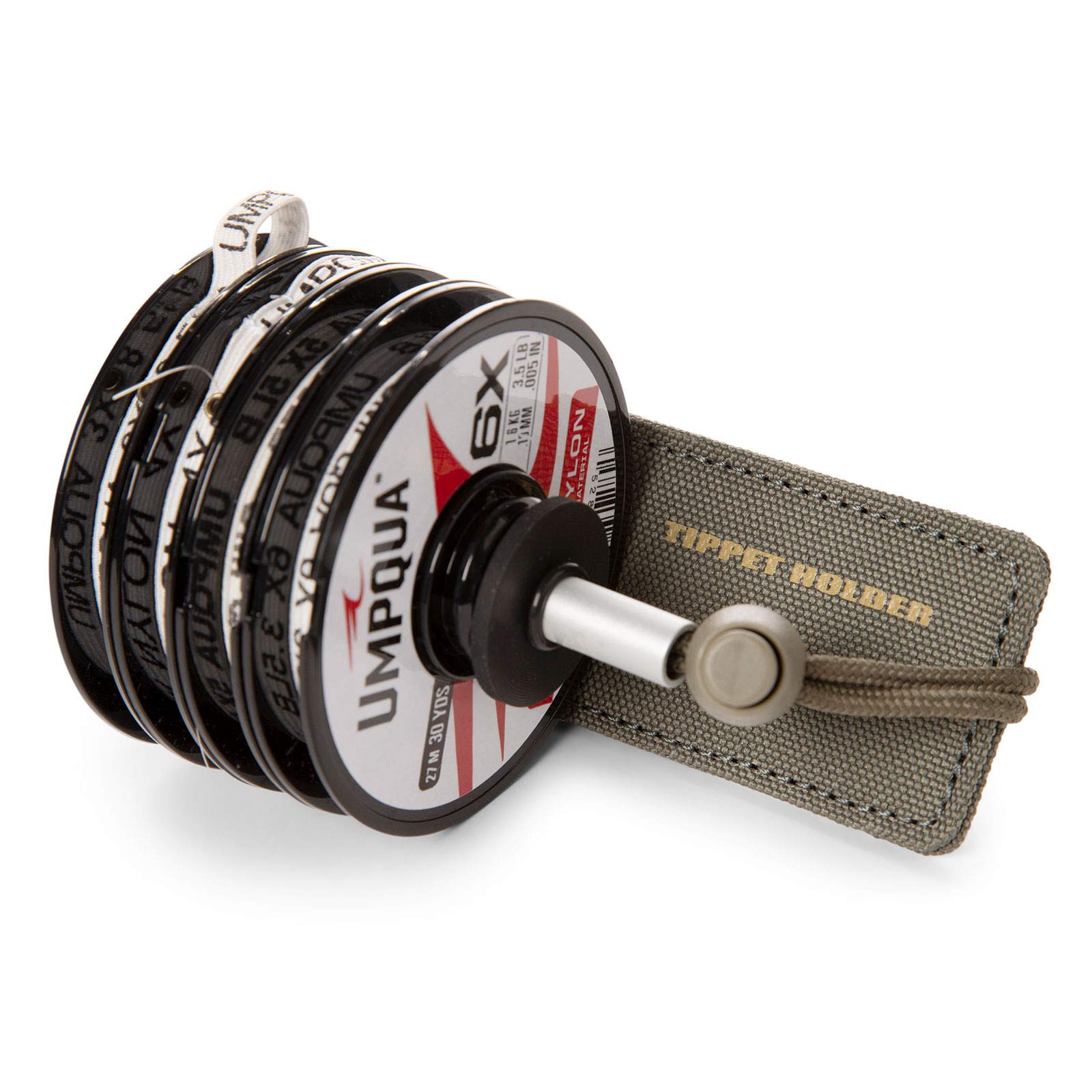 Umpqua ZS2 Tippet Holder Olive mounted on gear/pack attachment point
