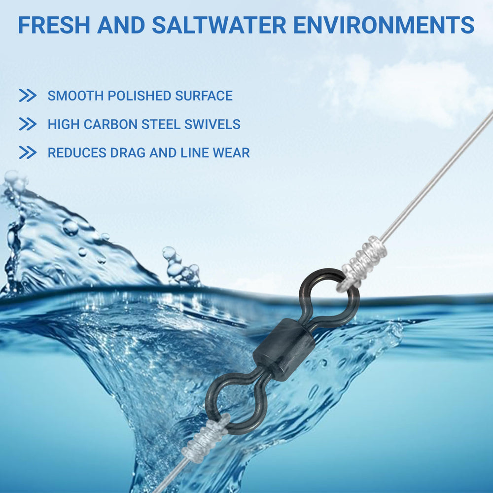 Swivels mounted on fishing line illustrating 360° rotation