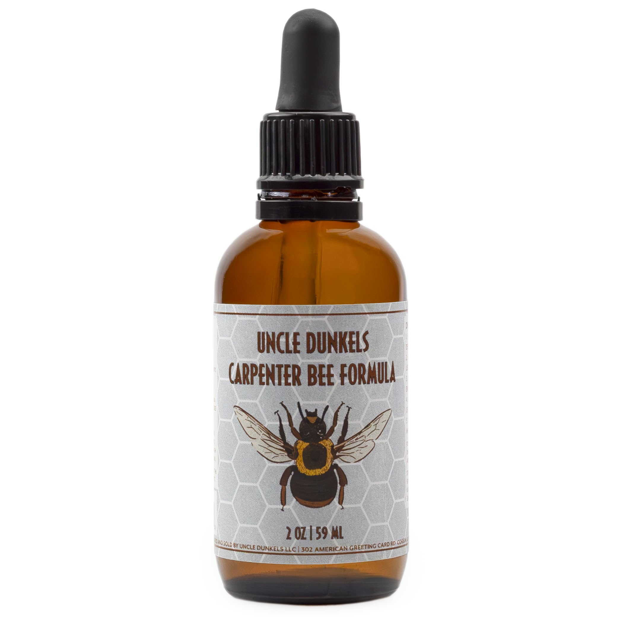 Uncle Dunkels Carpenter Bee Formula bottle pour for easy outdoor application and targeted scent release