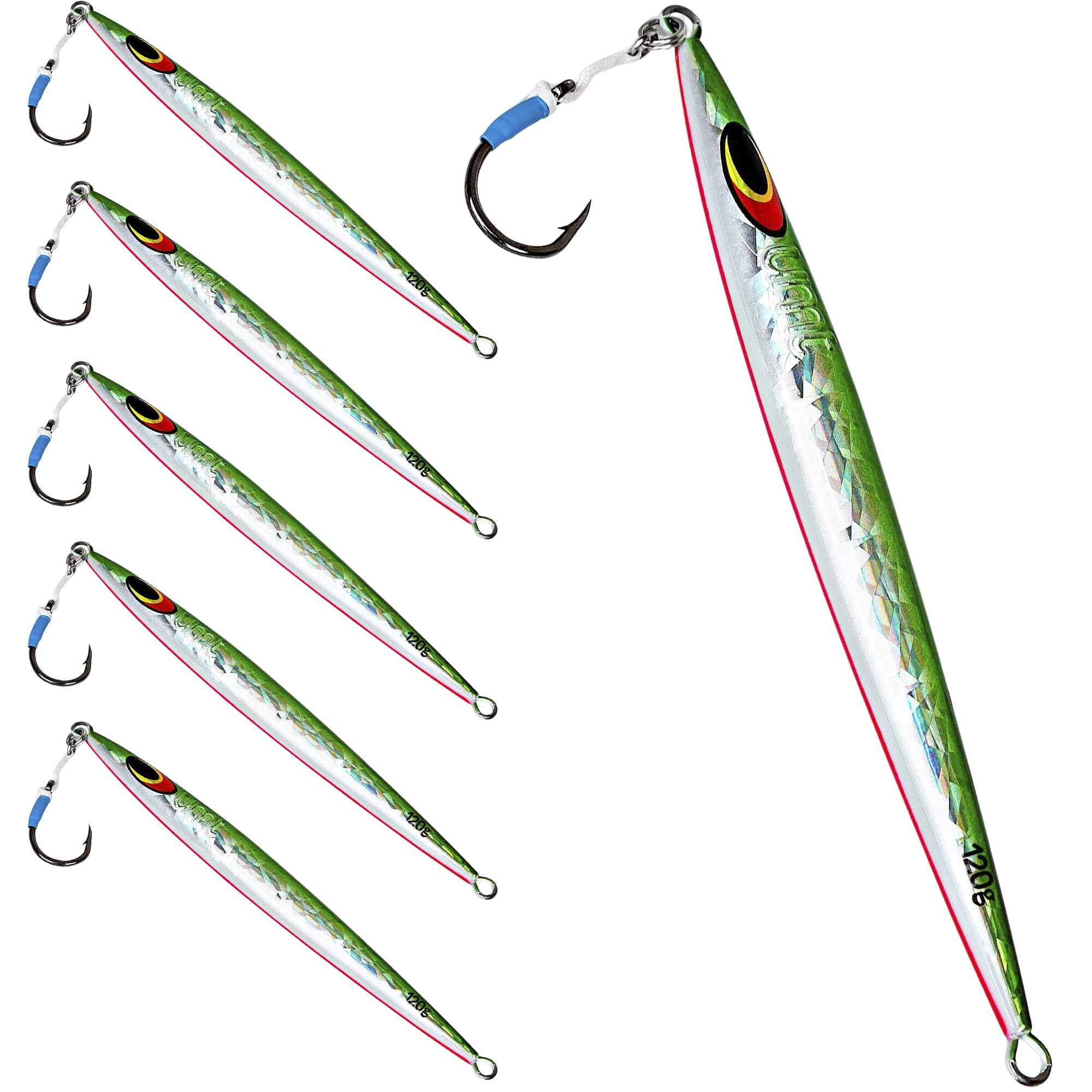 Uncle Mo's 120g sand eel jig in green and white for offshore striped bass and tuna jigging.