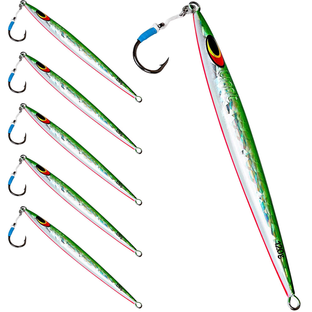 Uncle Mo's 120g sand eel jig in green and white for offshore striped bass and tuna jigging.