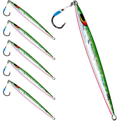 Uncle Mo's 120g sand eel jig in green and white for offshore striped bass and tuna jigging.