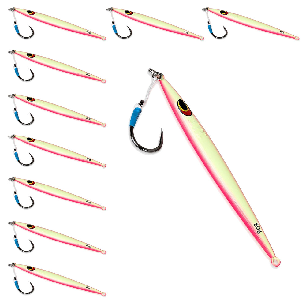 UNCLE MO'S Sand EEL jig pink glow demonstrates lifelike action for offshore bass fishing.