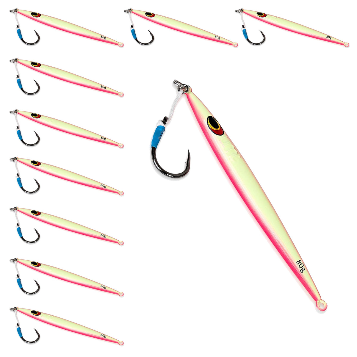 UNCLE MO'S Sand EEL jig pink glow demonstrates lifelike action for offshore bass fishing.