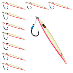 UNCLE MO'S Sand EEL jig pink glow demonstrates lifelike action for offshore bass fishing.