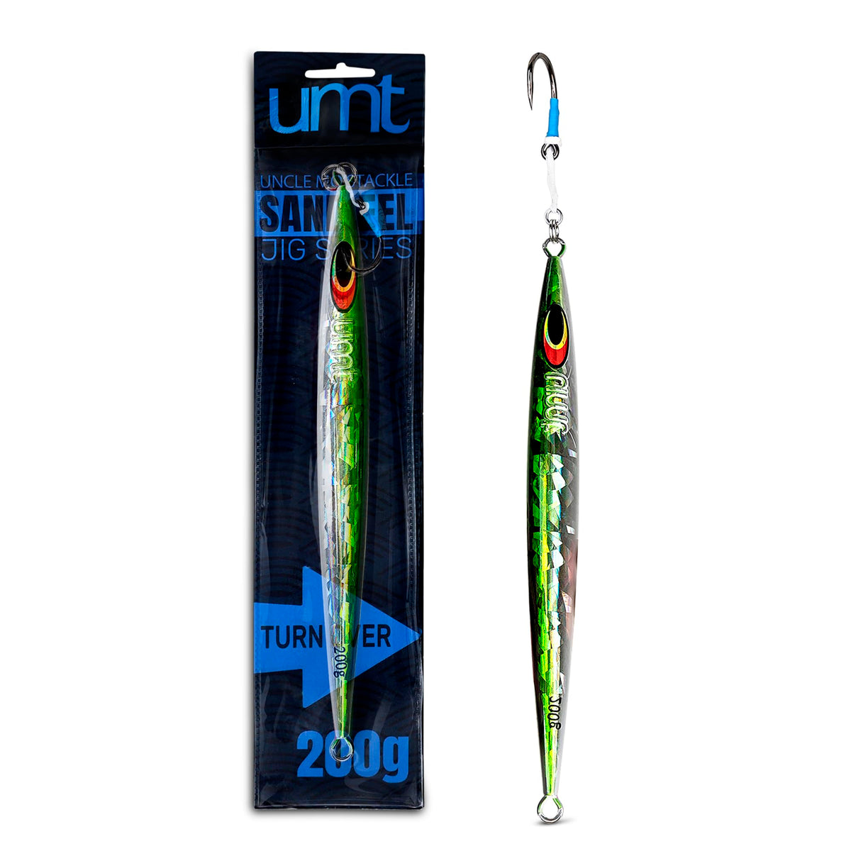Uncle Mo Tackle 200g Sand EEL Jig Green & White – front view