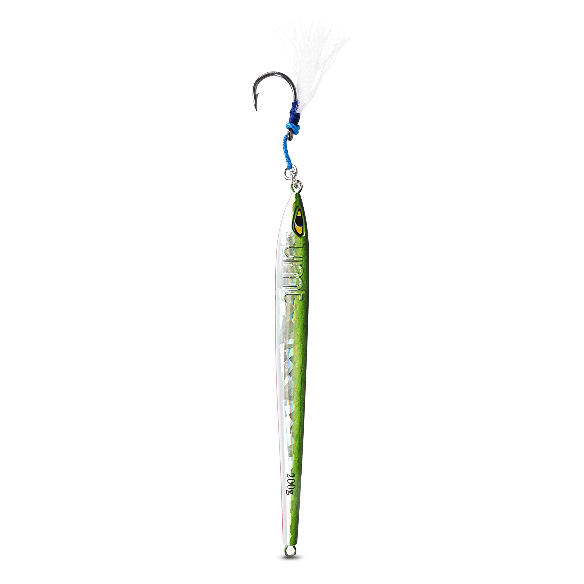UNCLE MO'S Tuna Riser jig green and white close-up hook area for hookups