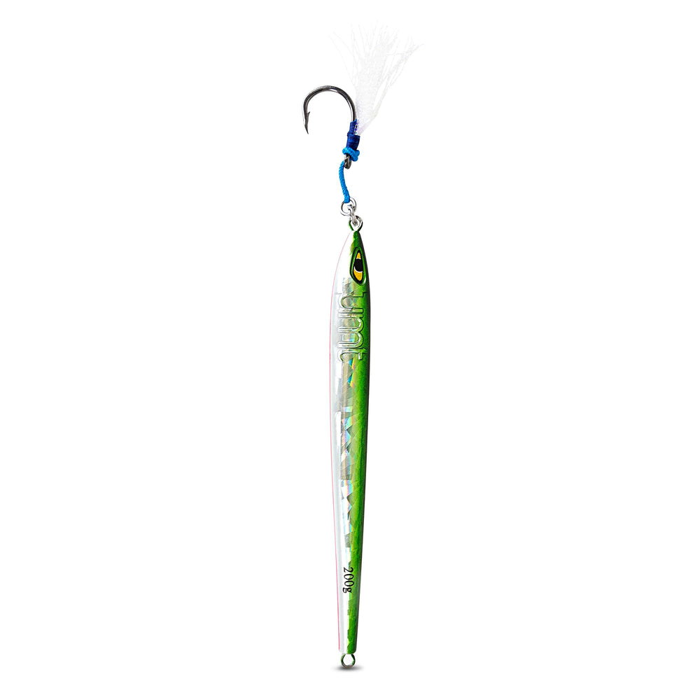 UNCLE MO'S Tuna Riser jig green and white close-up hook area for hookups