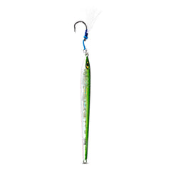 UNCLE MO'S Tuna Riser jig green and white close-up hook area for hookups