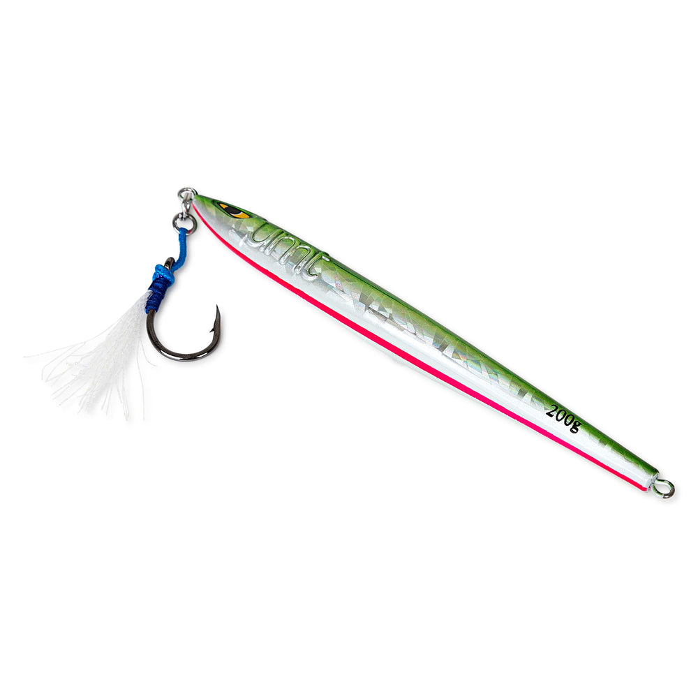 UNCLE MO'S Tuna Riser jig in action, green and white offshore bite response