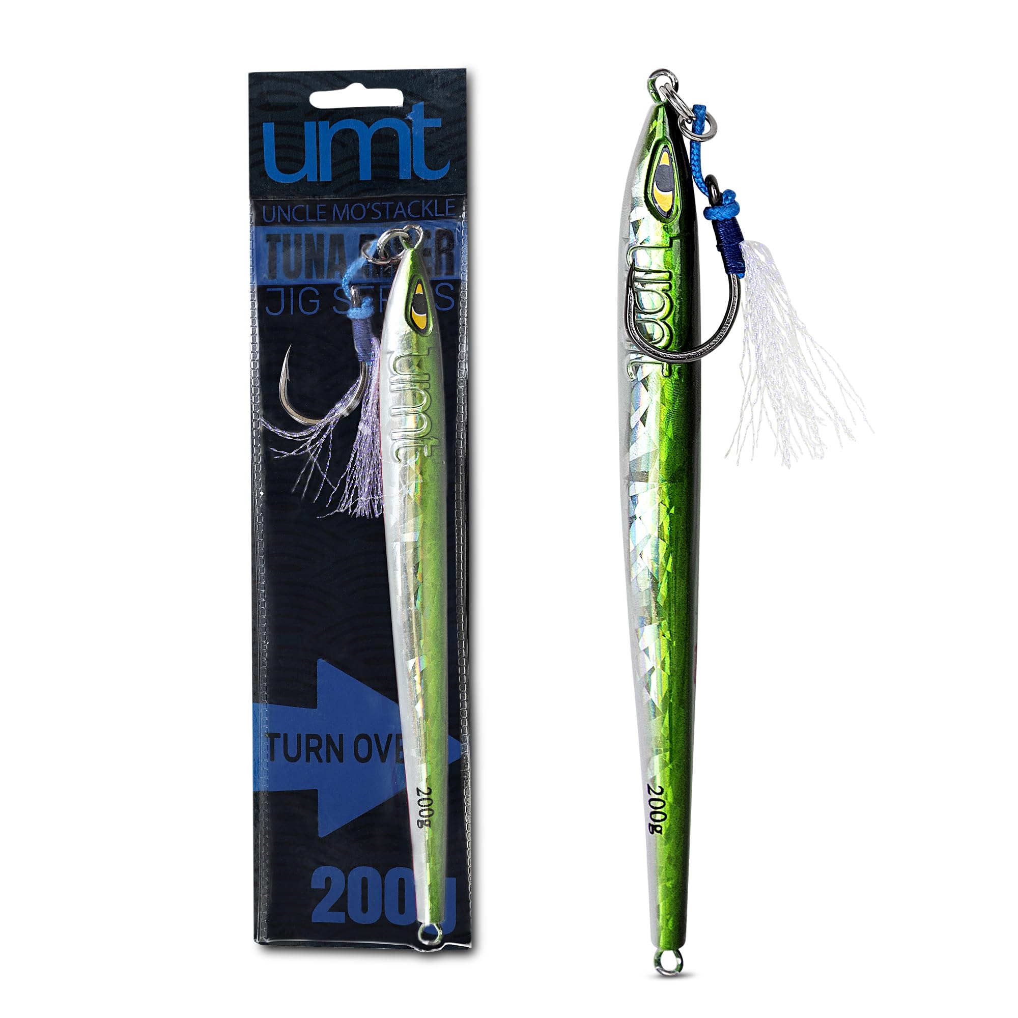 UNCLE MO'S Tuna Riser jig green and white side view for offshore fishing